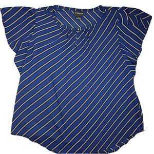 Liz Claiborne Career Womens Blue White Black Stripe Flutter Sleeve Blouse Top L